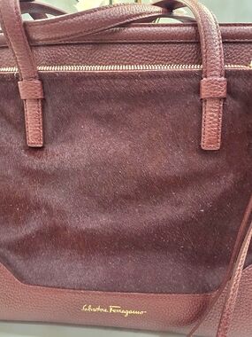 Salvatore Ferragamo Burgundy Haircalf and Leather Tote with Gold Logo